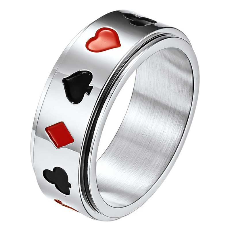 Negro melocotón rojo melocotón ciruela cuadrado patrón de tarjeta de juego de titanio anillo giratorio de acero joyería transfronteriza en stock al por mayor