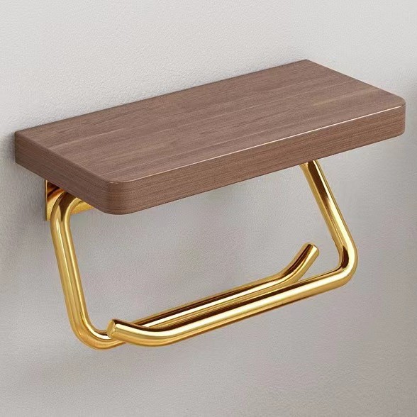 Toallero de madera de nogal, inodoro dorado, soporte de papel higiénico sin perforación, soporte de rollo de papel de madera maciza, soporte de pared para teléfono móvil, sin perforación image 13