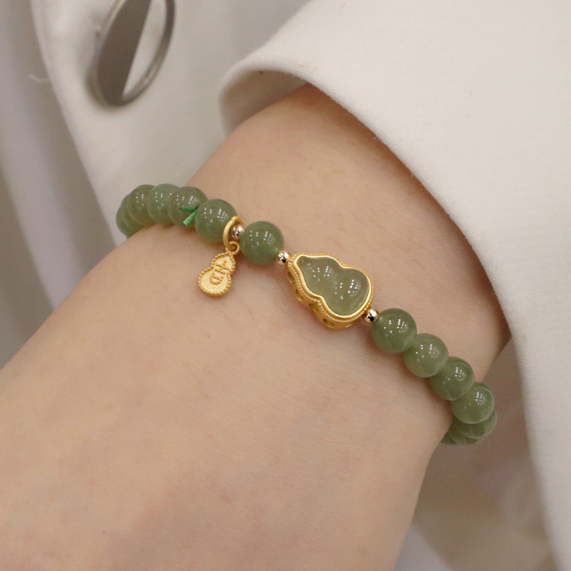 Natural Hetian Jade Water Bracelet with 925 Silver Plated Jinji Gold-inlaid Jade Gourd for Boys and Girls