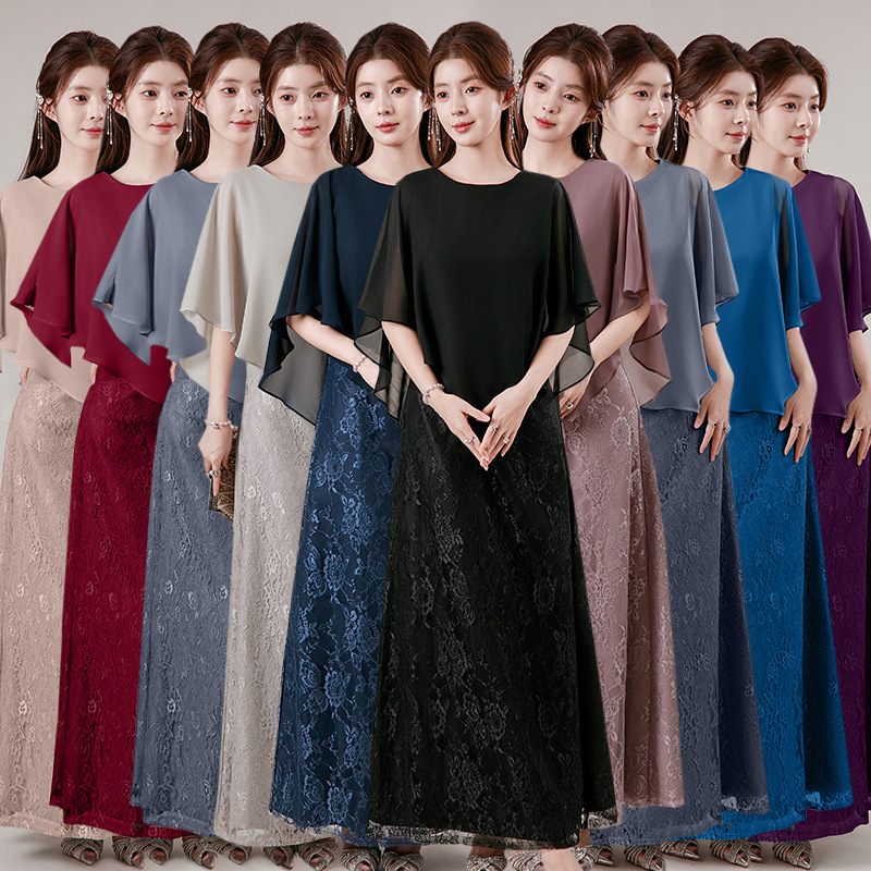 Vintage Lace Chiffon Dress 2026 Spring New Style, Stylish Irregular Design Shawl Gown That Hides the Belly