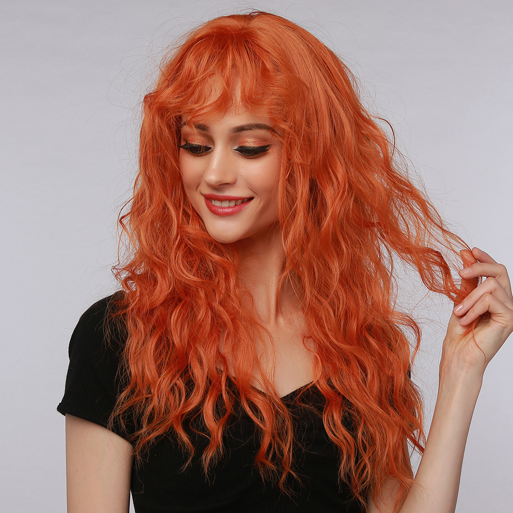 Peluca de Halloween naranja con rizos pequeños y flequillo, cabello largo y rizado, peluca hecha a máquina, peluca naranja de Navidad