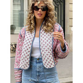 跨境欧美风女装印花两面穿绗棉外套开衫拼色小棉袄棉衣气质女装