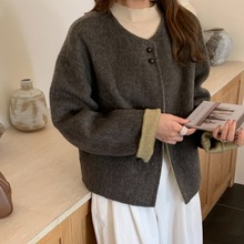 全羊毛开衫韩国小香风圆领加厚双面羊绒外套女式单排扣短羊毛大衣