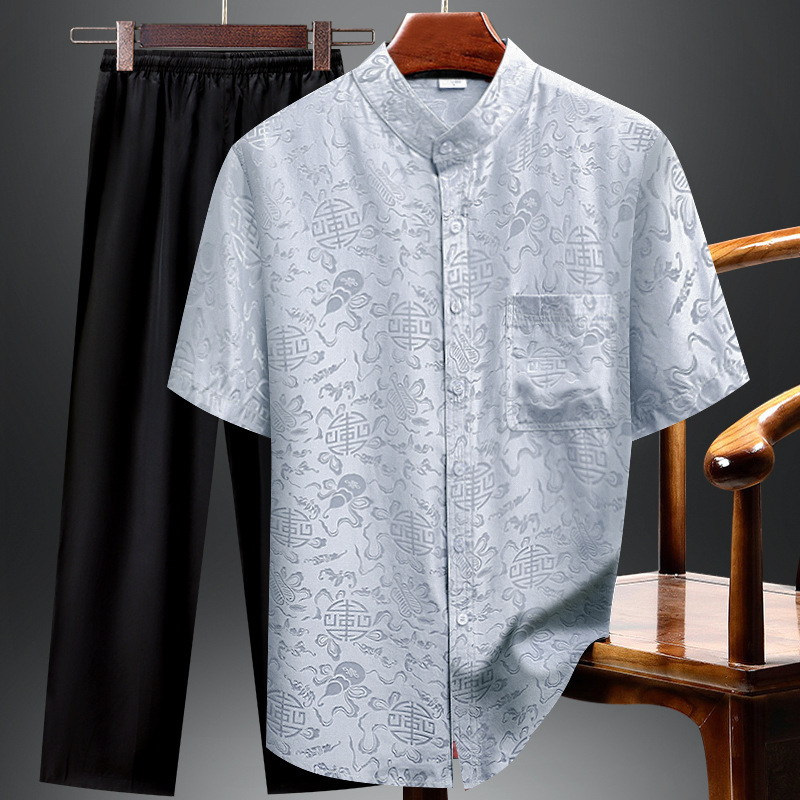Heavy Silk Short-sleeved Shirt Men's 2023 New Summer Dad Suit Mulberry Silk Middle-aged Grandpa Summer Clothes Heavy Silk Short-sleeved Shirt Men's 2023 New Summer Dad Suit Mulberry Silk Middle-aged Grandpa Summer Clothes
