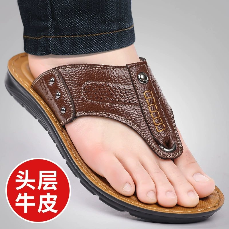 Мужские тапочки 2024, летние шлепанцы из натуральной кожи, летние нескользящие уличные сандалии на толстой подошве, мужские шлепанцы, модная пляжная обувь