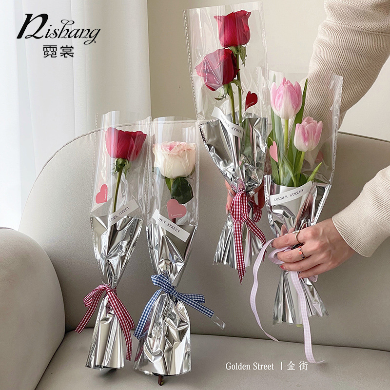 Mother's Day Silver Mirror Windowed Straight Tube Bag with Single Rose, Waterproof Simple Kraft Paper Bouquet Bag
