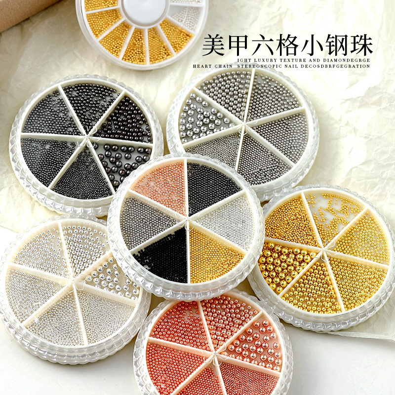 6-Compartment Rotating Tray of Mixed Nail Art Decorations, Versatile Gold and Silver Small Steel Beads, Metal Nail Decorations, Palace-Style Accessories
