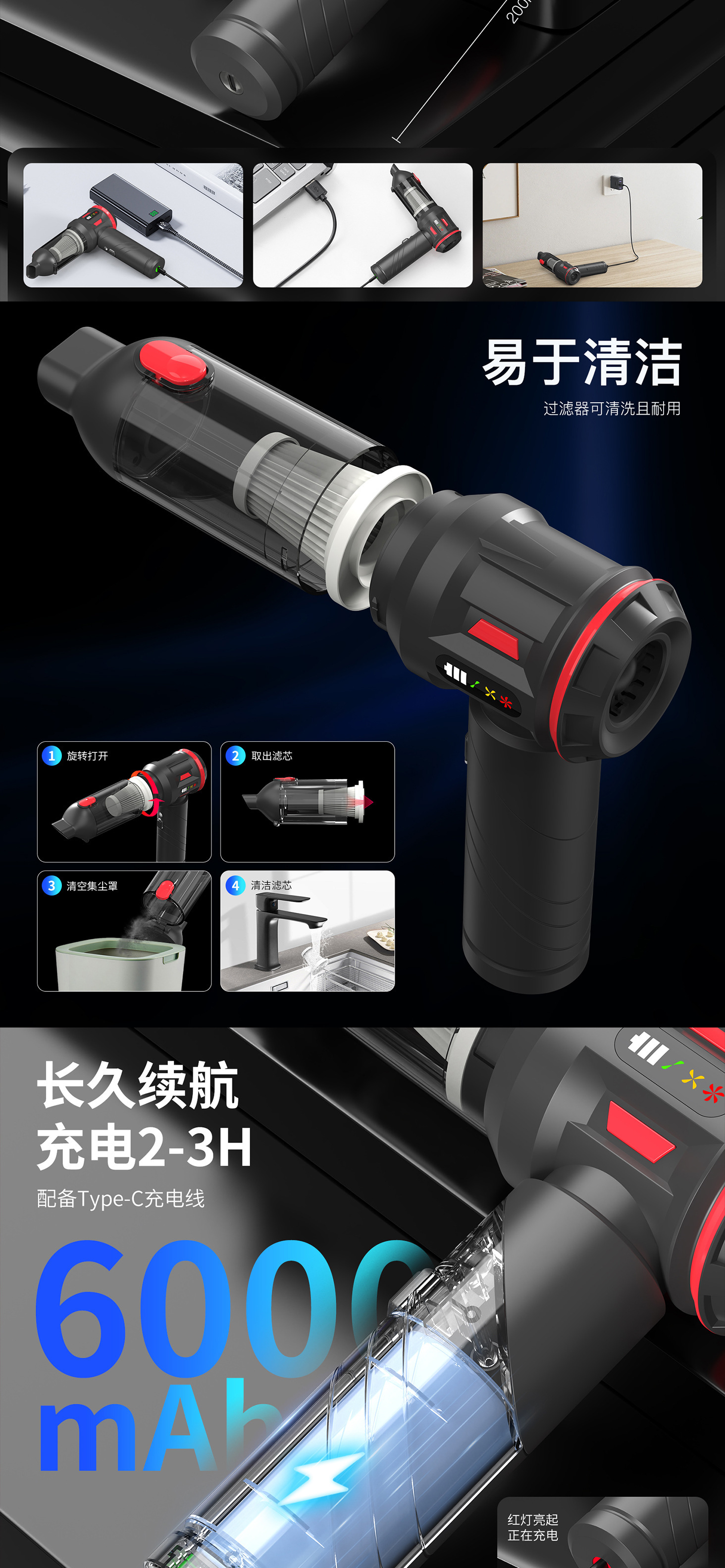 Car-Mounted High-Suction Vacuum Cleaner with Wireless Power Display, Portable Brushless Motor, Household Handheld Dust Remover and Blower