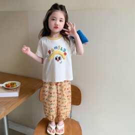 女童套装夏季2026新款女宝宝洋气卡通短袖儿童夏装薄款裤子两件套