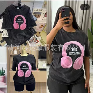 跨境美式复古做旧水洗印花短袖T恤女夏宽松潮牌oversize纯棉t恤