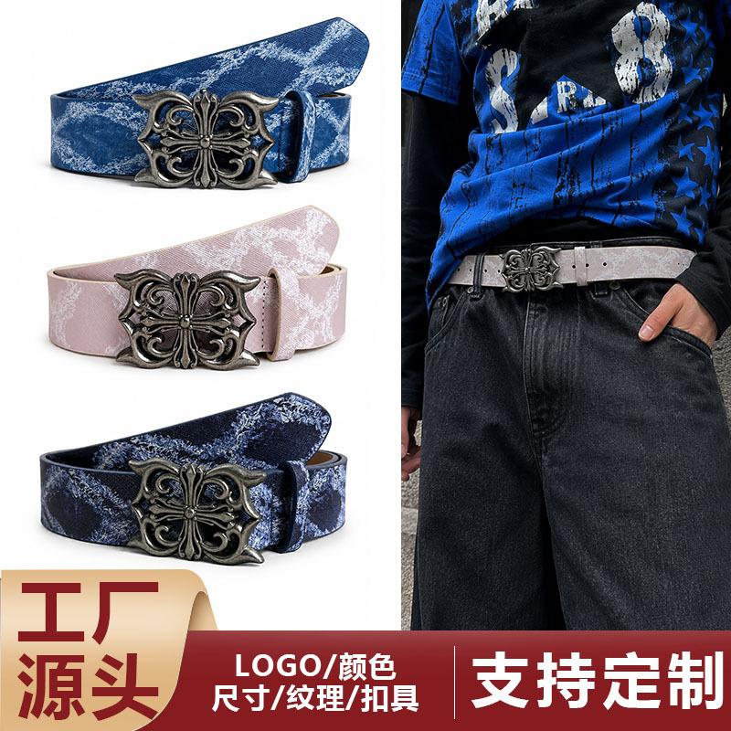 Y2K subculture retro cross alloy buckle belt with distressed tie-dye print, punk style, suitable for pairing with jeans