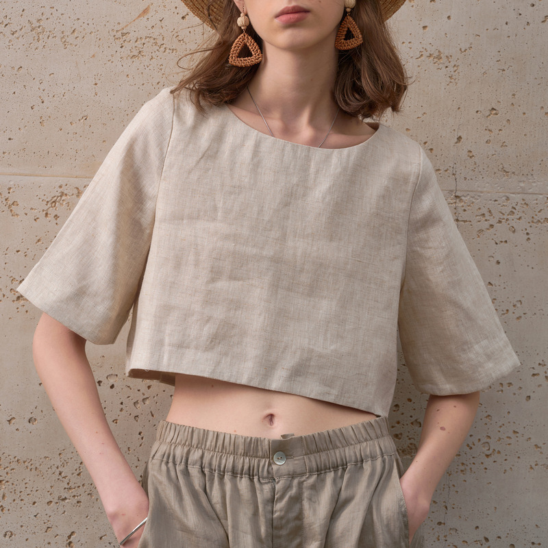 High-End Pure Linen T-Shirt for Women, Loose Round Neck, Mid-Sleeve, Summer European and American Crop Top, French Commuter Short-Sleeved T-Shirt