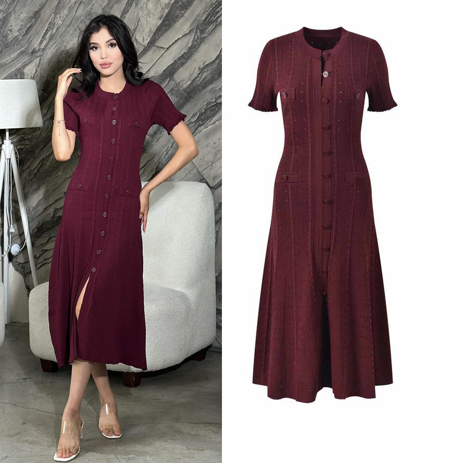 Women's European American Style Knitted Dress Simple Elegant Summer Single-Breasted Hollow out Slim Fit Temperament Long Dress_ecoleips.com