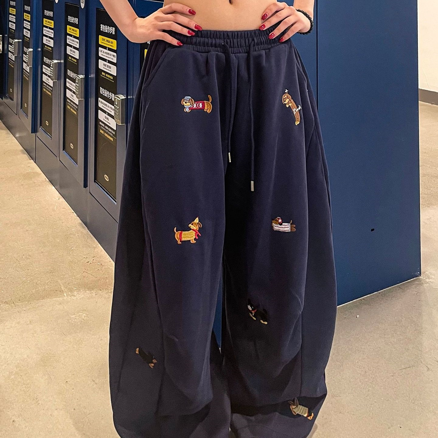 Cross-Border American Trendy Hip-Hop Dachshund Embroidered Casual Pants for Women, Loose, Slim and Versatile Street Drape Wide-Leg Pants