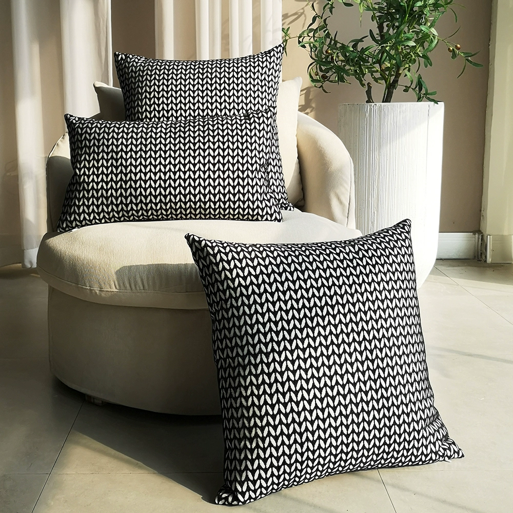 Customized size retro thickened chenille black and white grass leaf plaid square pillowcase sofa lumbar support backrest detachable