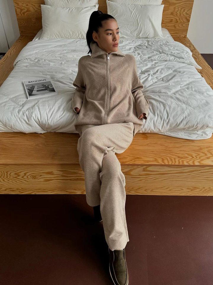 Bộ áo cardigan dệt kim khóa kéo phối quần dài ống rộng nữ — màu bột yến mạch, màu nâu, màu xám, trắng chi tiết 64