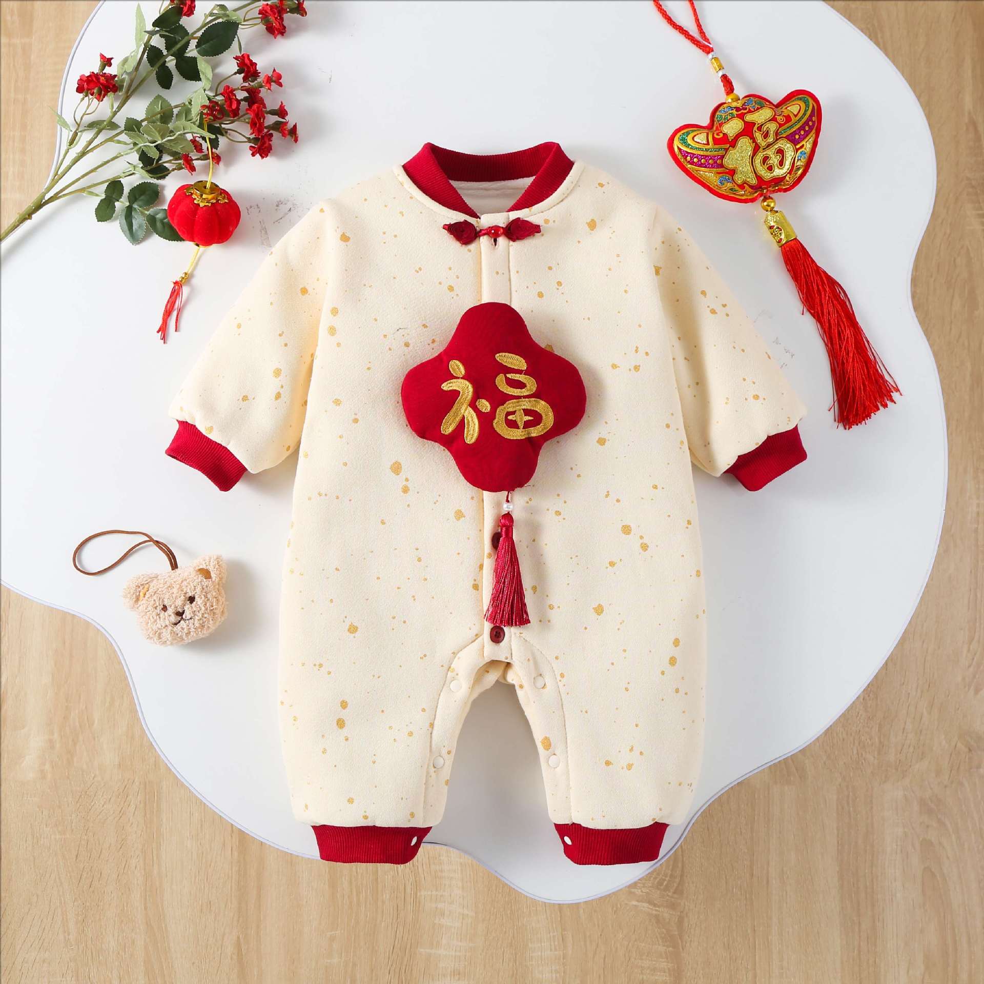 Baby Chinese-Style New Year Outfit, Baby Jumpsuit, Autumn and Winter Thickened Fleece Romper, Winter First Birthday Outfit