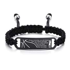 不锈钢钢牌刻字手链可调节篮球平结绳编不锈钢黑色钢牌刻字手链