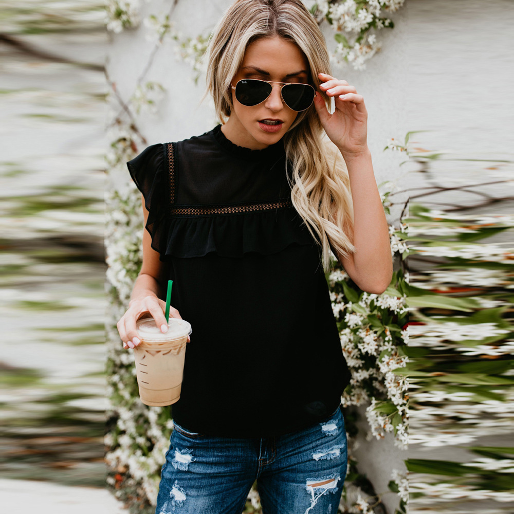 歐美夏季新款荷葉邊雪紡背心女外貿寬松圓領套頭無袖上衣2515102