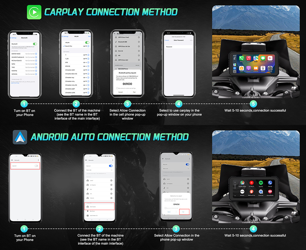 6.25inch Motorcycle Carplay Dual Lens Dash Cam Wifi Bluetooth Gps Wired Control Front and Rear 2K