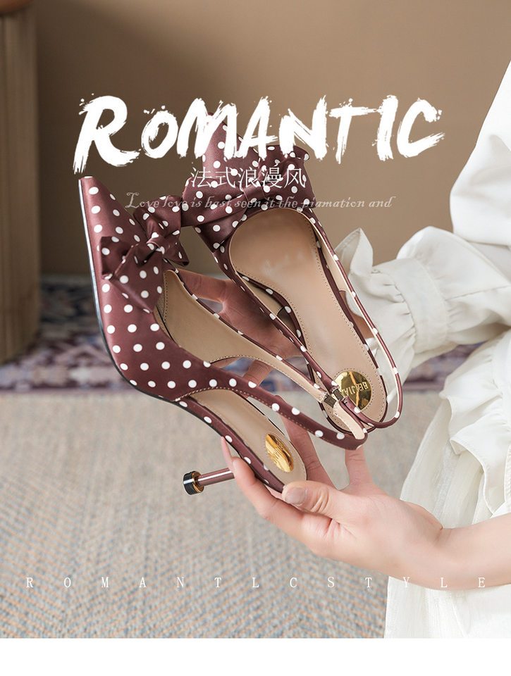 Sandal cao gót mũi nhọn bít mũi quai ngang chấm bi thắt nơ, gót 6–8 cm — Màu nâu, Màu trắng ngà, màu đen chi tiết 3