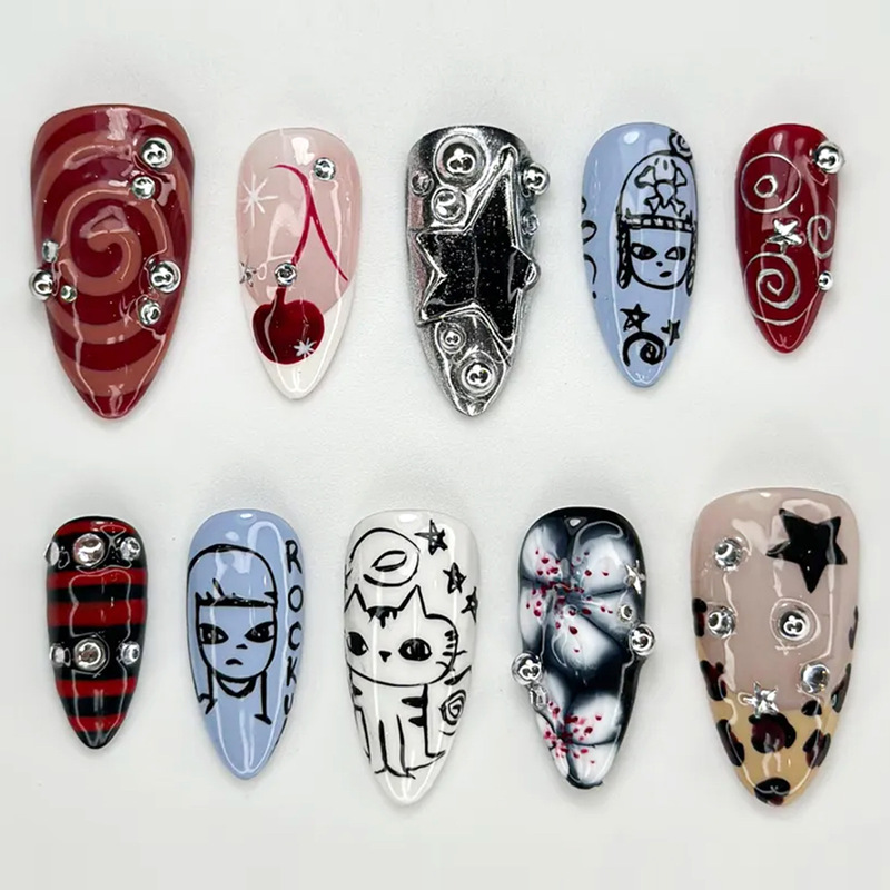Cross-border French-style 3D embossed graffiti silver-plated steel bead almond-shaped fake nails wearable nail tips Cross-border French-style 3D embossed graffiti silver-plated steel bead almond-shaped fake nails wearable nail tips
