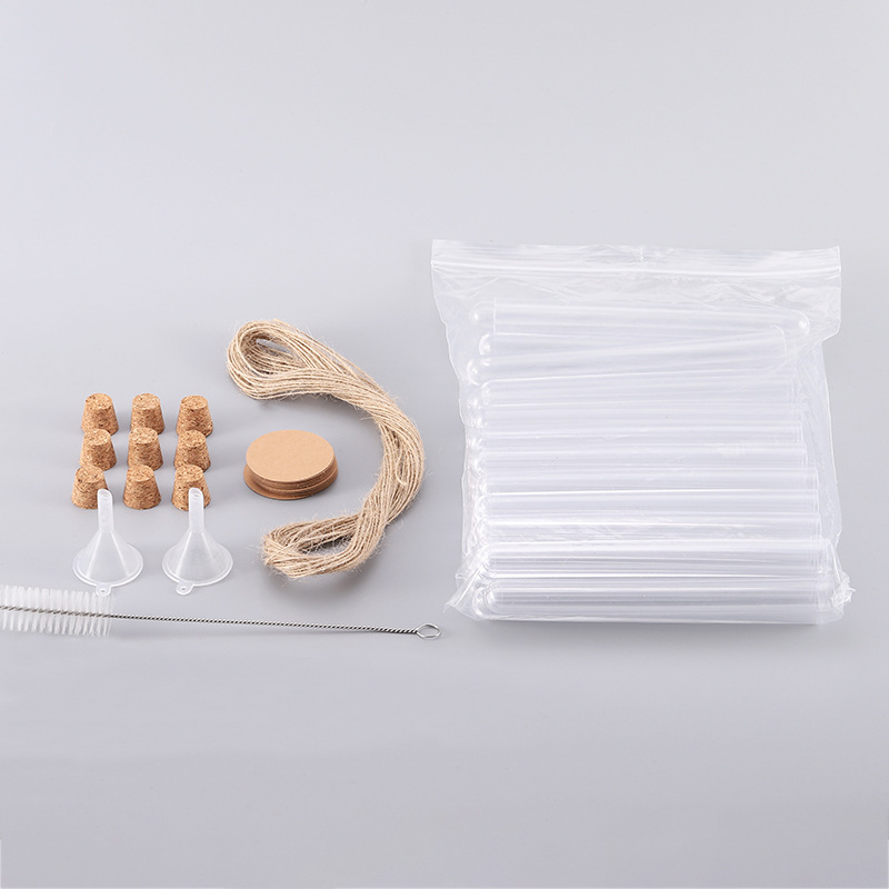 10MLPS de plástico transparente traje de combinación de tubo de ensayo con corcho diámetro exterior 15*100 con cepillo embudo Etiqueta de cuerda de algodón