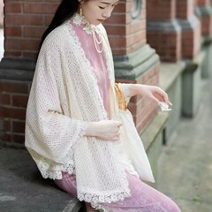 春と秋の女性のための新しい中国風のニットレースショール、装飾的な暖かいマントカーディガン付きのレトロな文学チャイナドレス