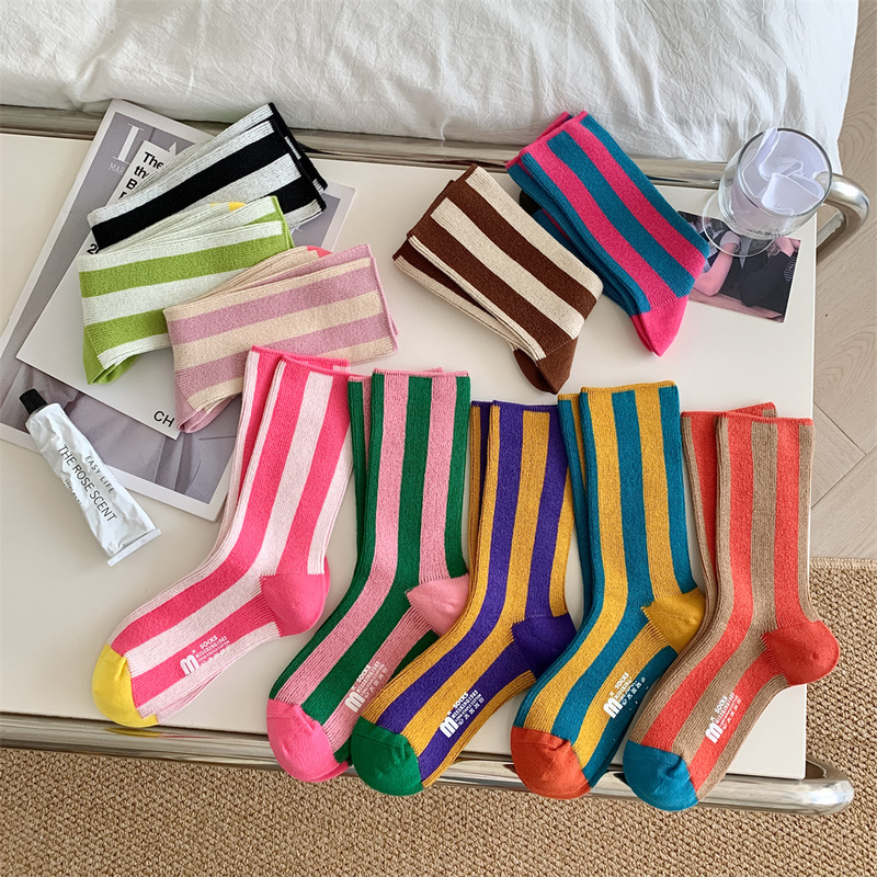 Vertical grain socks women's mid-tube socks spring autumn and winter combed cotton thick boneless dopamine color long tube double needle
