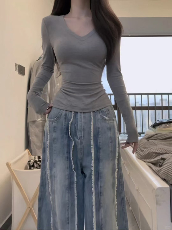灰色修身V领内搭打底衫2025秋季长袖辣妹正肩掐腰女收腰纯欲上衣|undefined