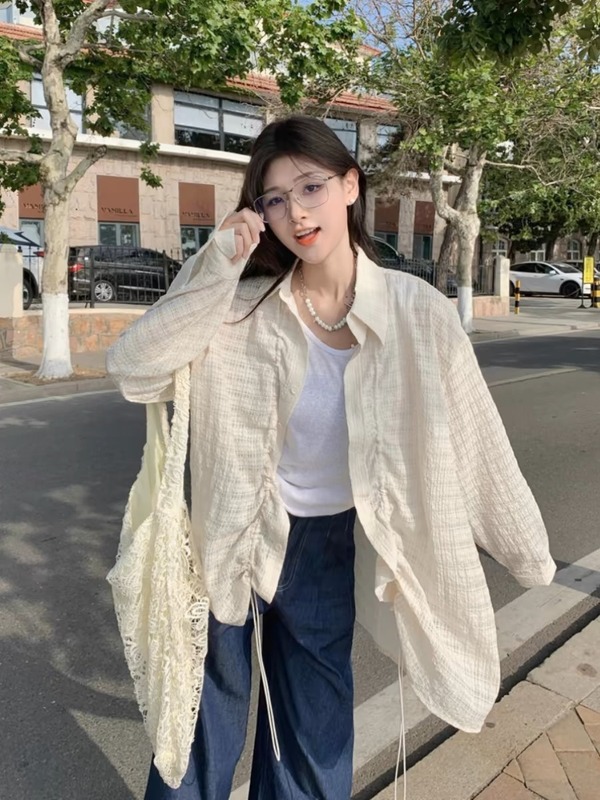 美式慵懒风宽松长袖衬衫女2025超火韩系设计感休闲秋季空调衫外套|undefined