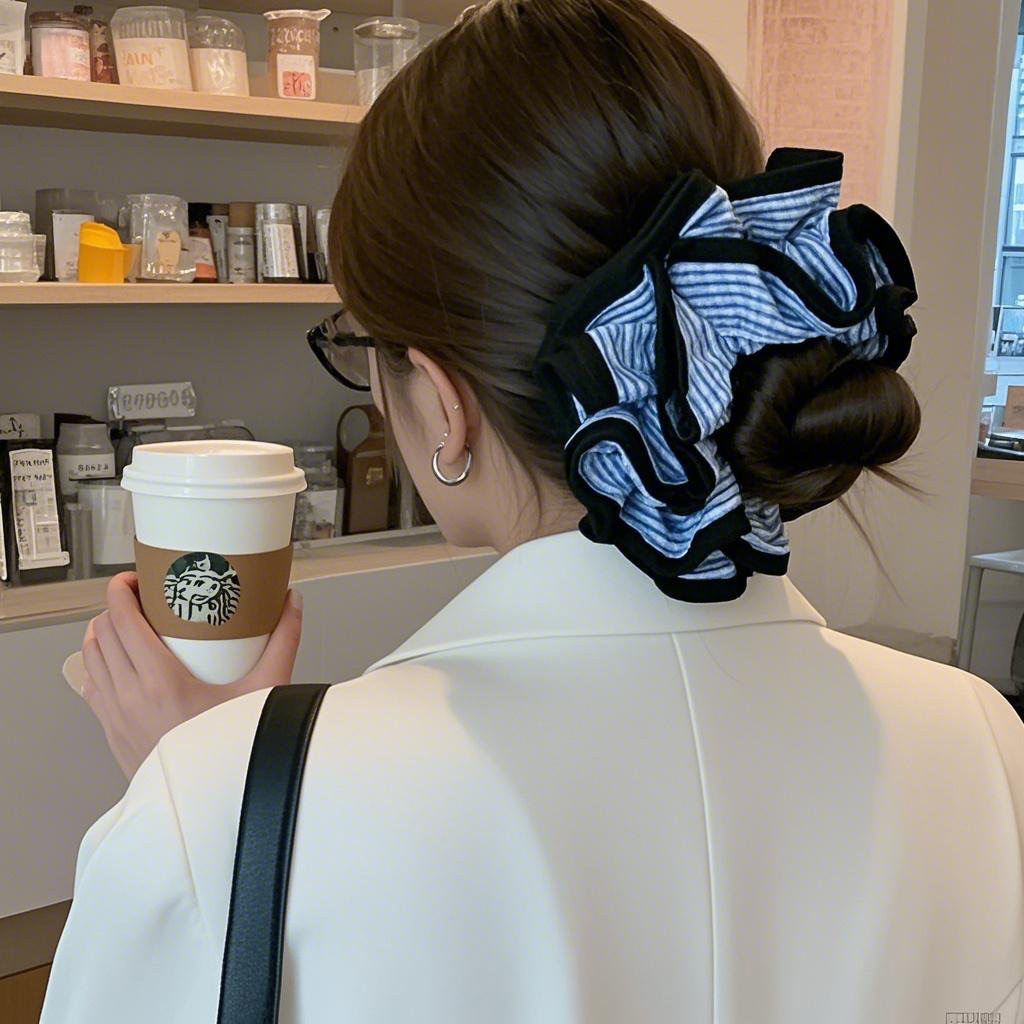 Tela de doble capa de lazo para el cabello de intestino grueso a cuadros azules, estilo coreano perezoso, lazo para el cabello retro, temperamento, tocado de goma