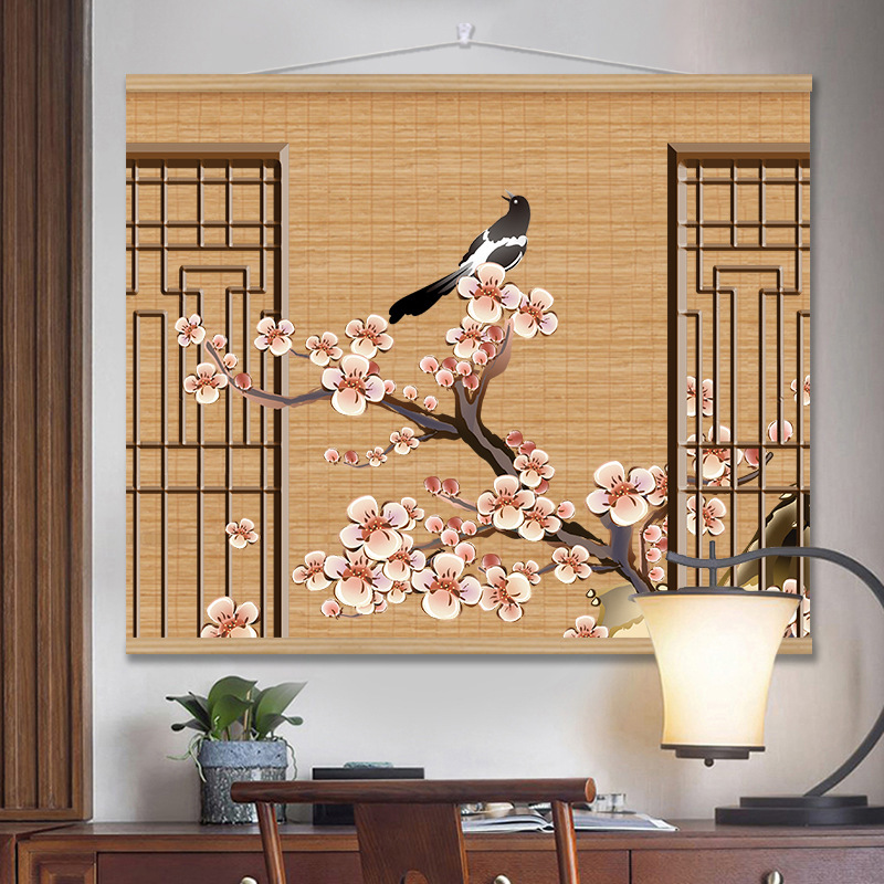 中式复古风大尺寸竹帘挂画茶室客厅卷轴装饰画卧室玄关禅意背景画|undefined
