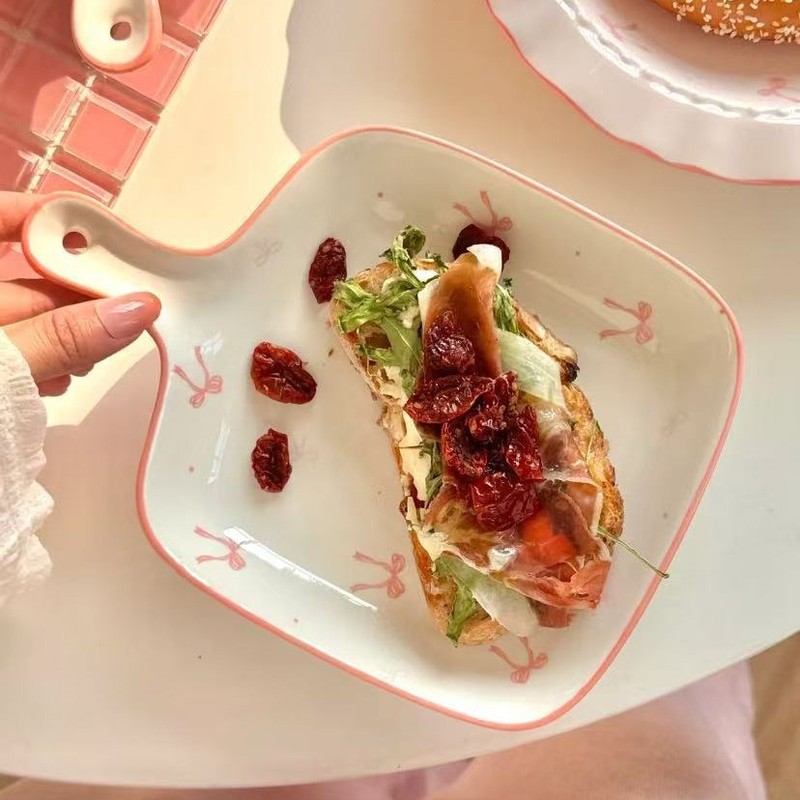 ピンクインスタイルリボンセラミック食器セットヌードルボウル家庭用ライスボウルプレート釉下色が女の子のハートに映えます|undefined