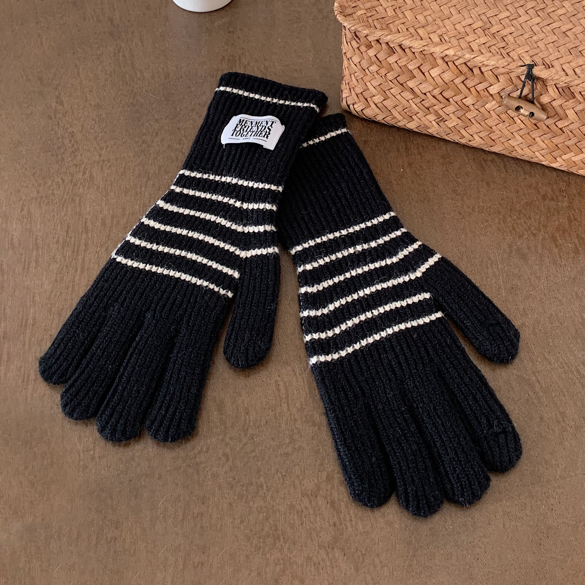 Guantes de punto a rayas coreanas personales de mujer guantes de dedo caliente pantalla táctil guantes de terciopelo ártico