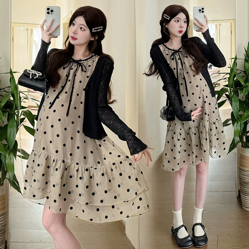 Комплект для беременных 2025: модное платье-халтер в горошек больших размеров + пальто, комплект из двух предметов