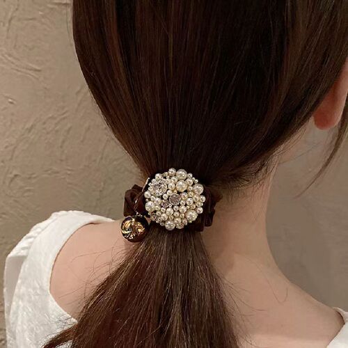 Pearl Water Drill Head Rope Women's Braided Ponytail Retro Simple Elegant High-End Feeling Hair Tying Elastic Band Ball Head Large Hair Ring
