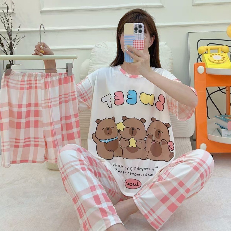 Pijamas de verano transfronterizos pijamas de leche de seda de tres piezas set de dibujos animados comercio exterior ropa para el hogar pantalones de mangas cortas lindos