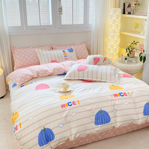 Aloe Vera Cotton Children's Cartoon Four-Piece Set, Fleece Cute Bed Sheet with 4 Pillowcases, Student Dorm Three-Piece Set for Boys and Girls