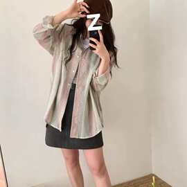 韩系慵懒风亚麻彩色条纹衬衫女春夏薄款外搭防晒衬衣开衫罩衫外套