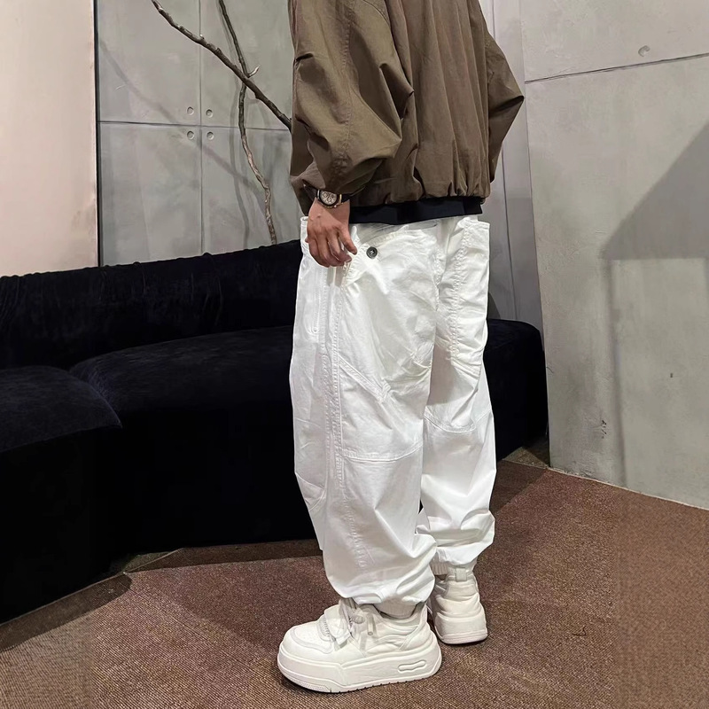 秋季新品高街时尚弯刀多口袋拼接线条抽绳阔腿宽松男士休闲长裤|undefined