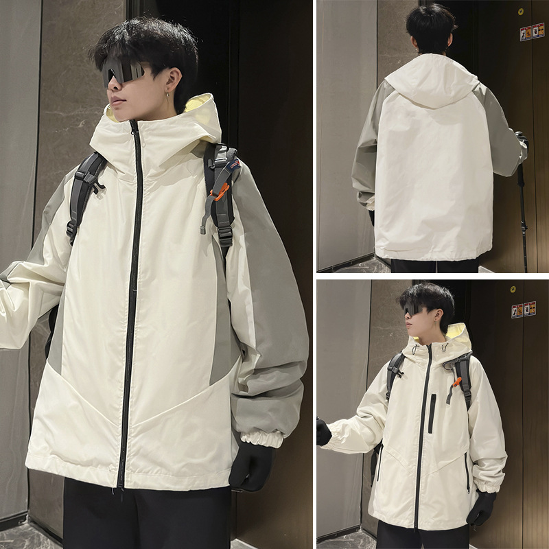 New Style Hooded Reversible Jacket for Men, Color-Blocking, Fashionable, Loose-Fitting, Reversible Jacket, Waterproof, Hong Kong Style, Trendy, Lightweight