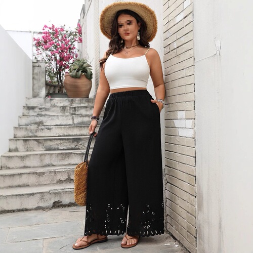 Plus Size Hollow Hem Black Loose Wide-Leg Pants for Women