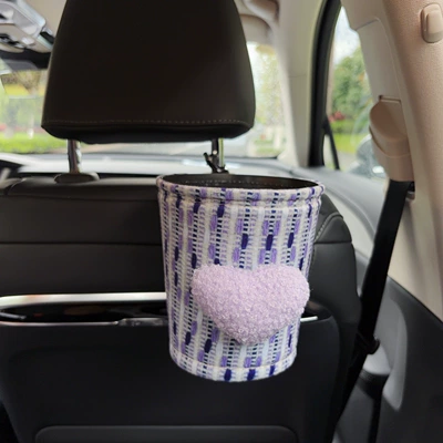 Car tissue box/set, type, high-end tissue bag for women - purple-heart-shaped-fabric-trash-can-clip-on-style