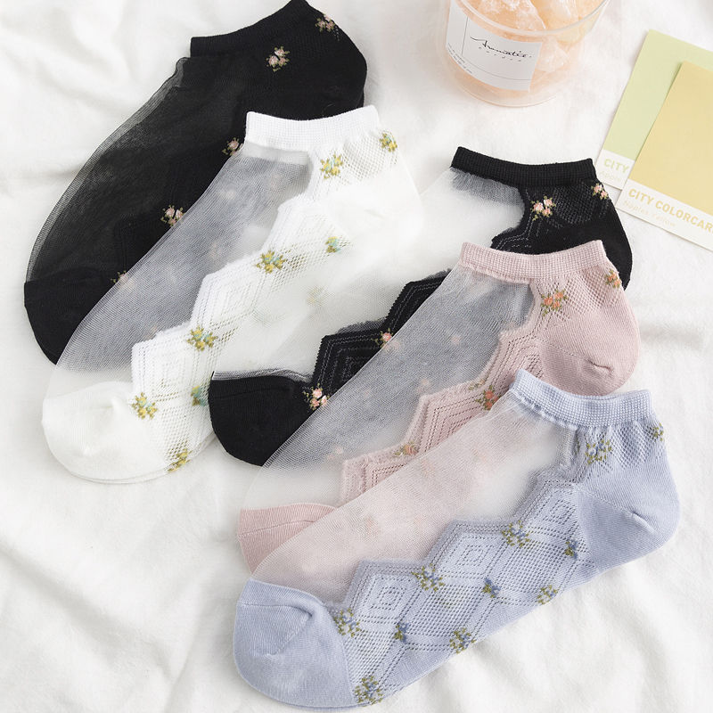 Socks Women Boat Socks Invisible Socks Summer Thin Short Socks Glass Crystal Silk Socks Women Transparent Cotton Bottom Deodorant Breathable
