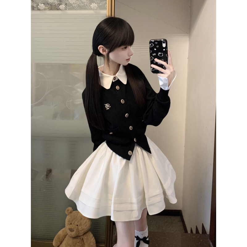 College Style Suit Korean Style Complete Set of Ootd Wear Knitted Knitwear Top Skirt Two-Piece Set 2025 Autum