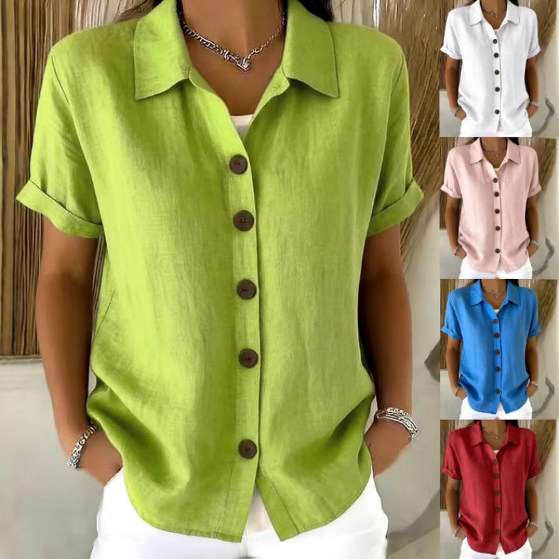 2026 Spring and Autumn Women's Fashion: Turn-down Collar Buttoned Solid Color Cardigan Short-sleeved Shirt, European and American Trend, Ice Silk