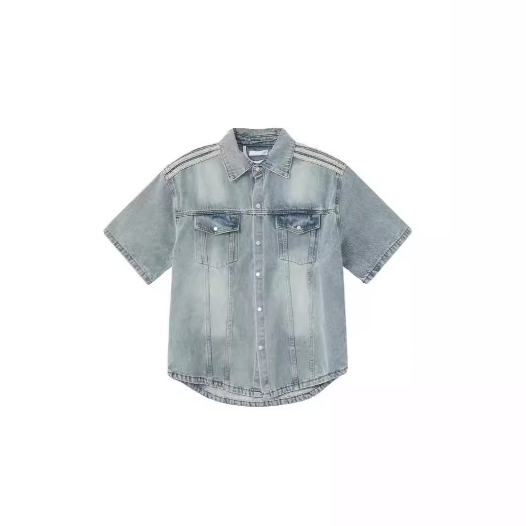 Korean-style Niche Vintage Shoulder Pad Denim Short-sleeved Shirt suit Spring and Summer Bar Design Wash Jeans Couple