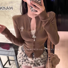 KIYOMI正版秋冬韩版纯欲辣妹撞色假两件十字架刺绣针织衫