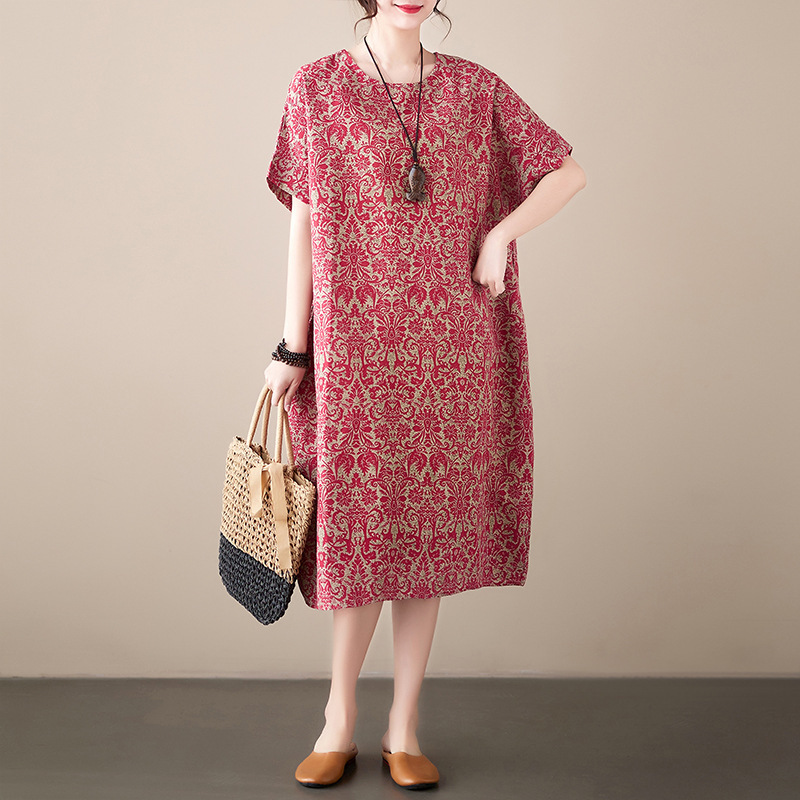 European Vintage Versatile Mid-Length Dress, Plus-Size Loose Short-Sleeve Cotton-Linen Printed Ethnic Style Dress, Comfortable and Casual European Vintage Versatile Mid-Length Dress, Plus-Size Loose Short-Sleeve Cotton-Linen Printed Ethnic Style Dress, Comfortable and Casual